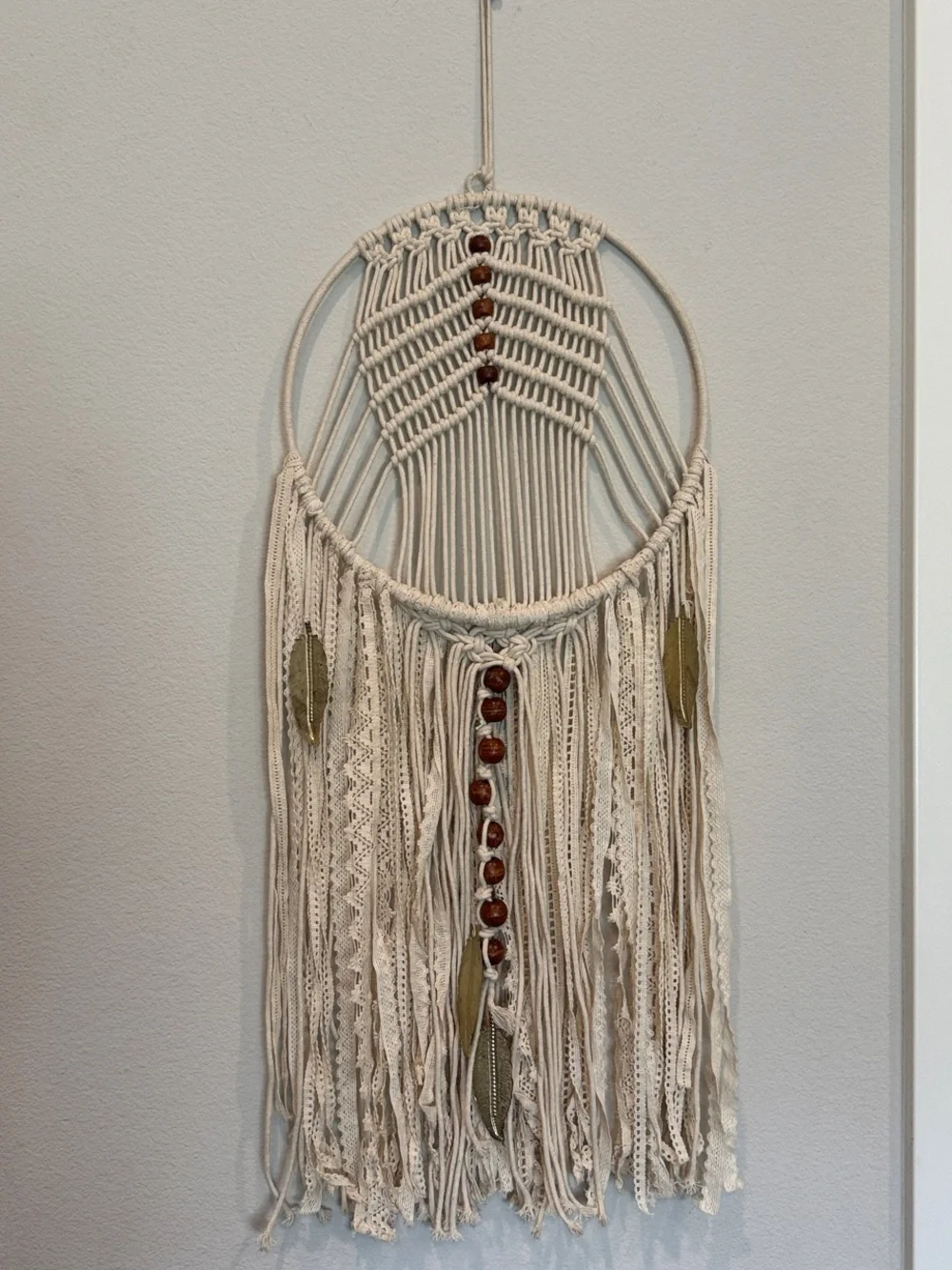 Boho Whimsy Gold Feather Macrame Wall Hanging 12” x 35”